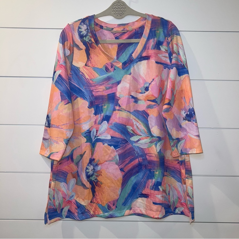 Soft Surroundings Tunic Blouse Size L Multicolor Floral V-Neck 3/4 Sleeve Artsy